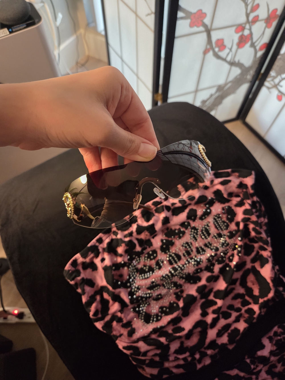 Y2k Set,Pink Leopard Rhinestone TubeTop W Flare Bottom Legging, Heart Sunglasses